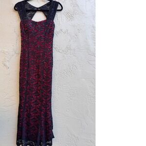 LA SCALA Red Black Lace Sequins Cap Sleeves Mermaid Dress SMALL Formal Evening